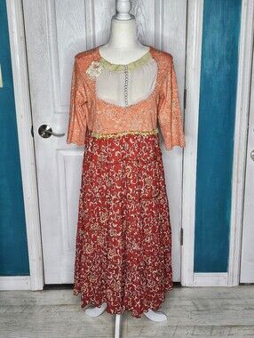 Handmade Boho Peach And Rust Floral A-line Dress